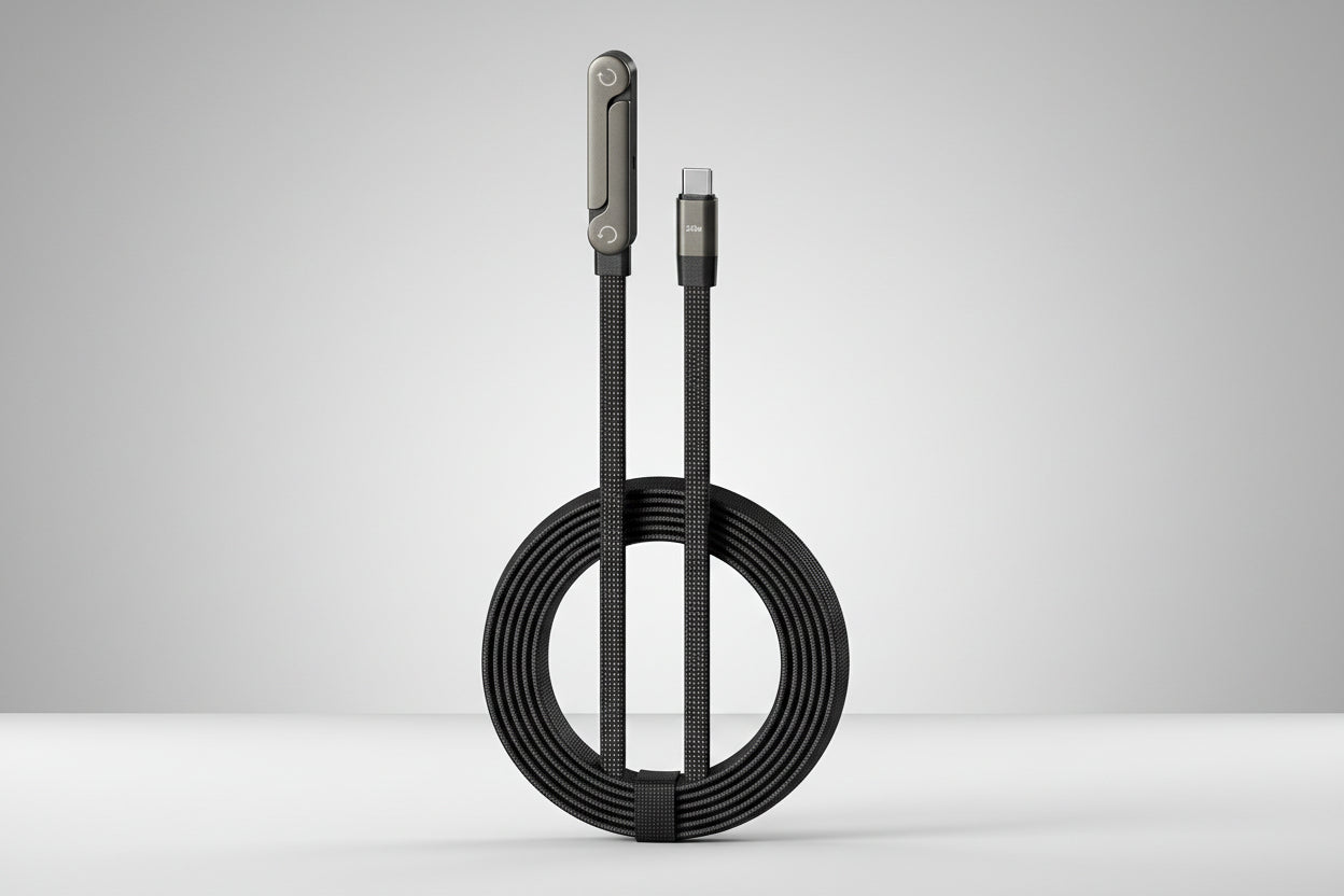 Black braided cable with USB-C connector on a white background