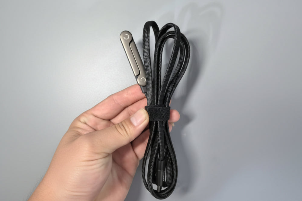 Black lanyard with metal clip held by a hand on a light gray background